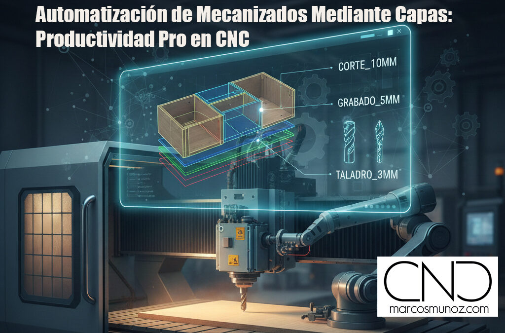 Interfaz digital proyectada sobre una máquina CNC industrial que muestra la automatización de mecanizados por capas, con etiquetas de corte, grabado y taladro sobre un diseño de mobiliario en 3D.