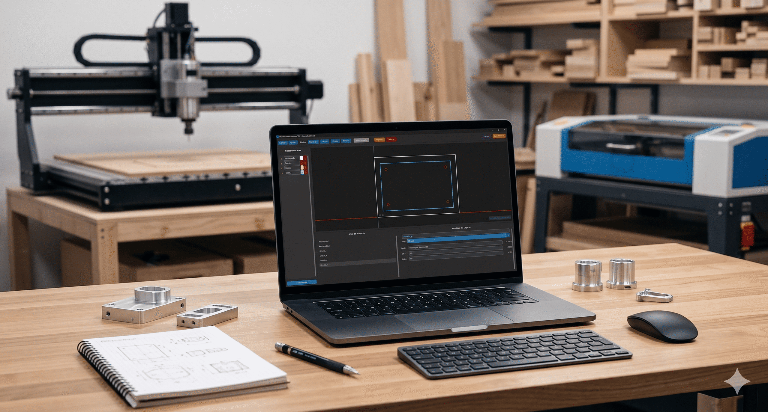 nterfaz del software Microcad ejecutándose en un ordenador de un taller de carpintería técnica con maquinaria CNC de fondo.